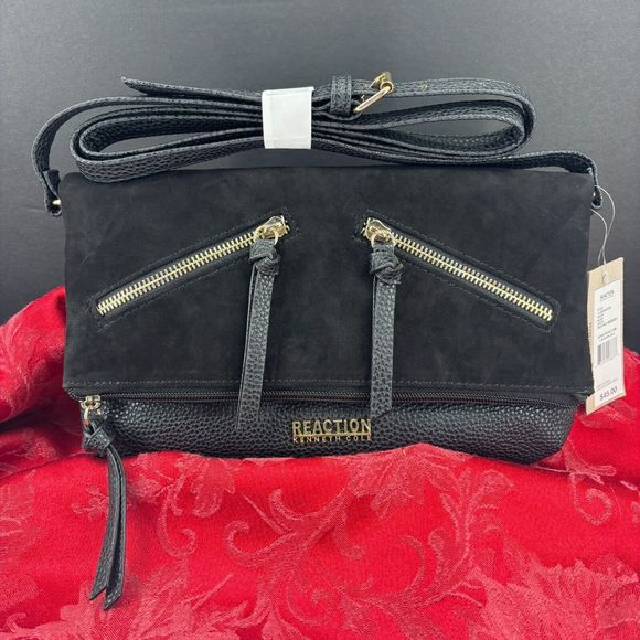 Kenneth Cole‎ Reaction Black Foldover Leather  Suede Crossbody NEW - Picture 1 of 16